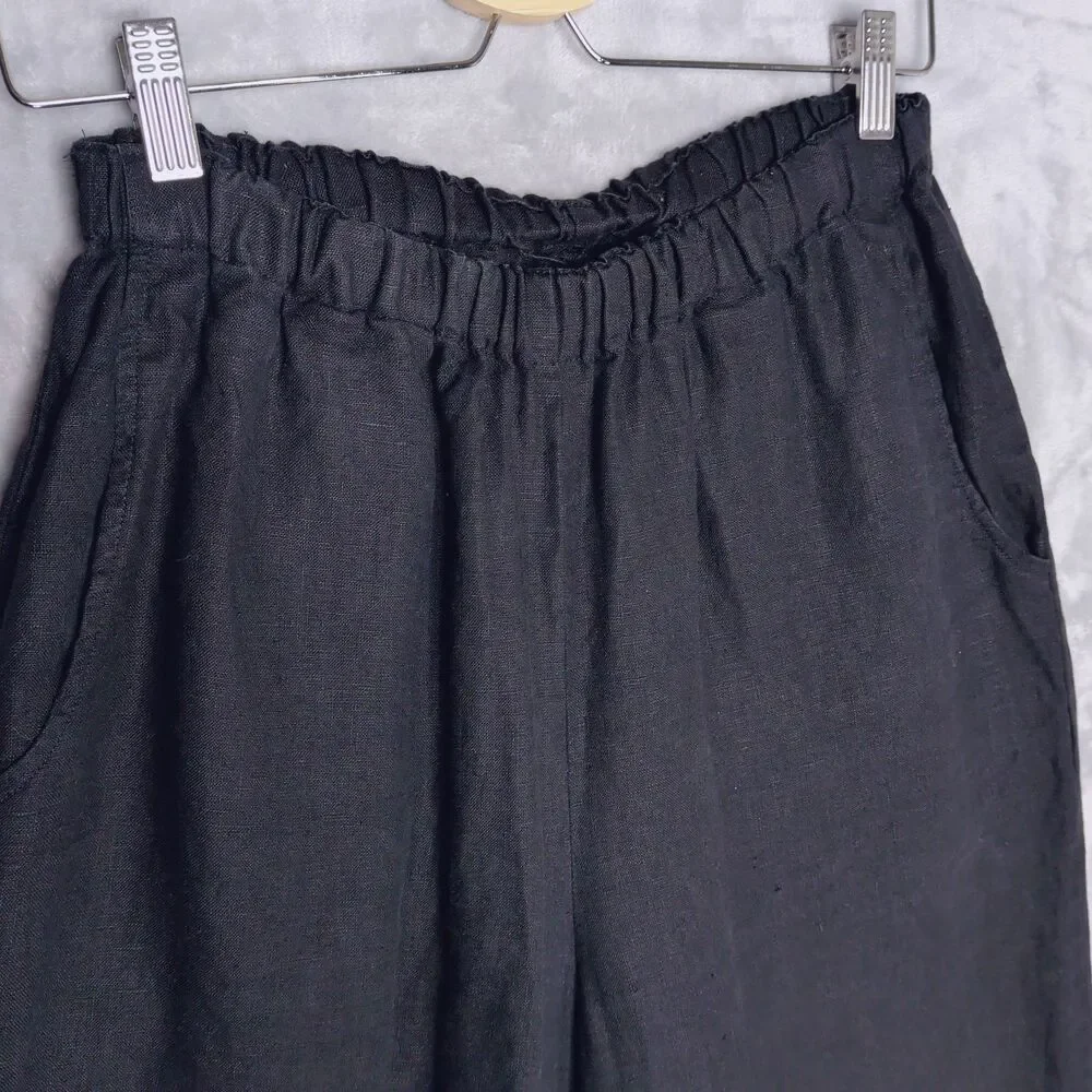 FLAX DESIGNS Black Linen Wide Leg Floods Pant Sz S Pull On Pockets Relaxed Ankle